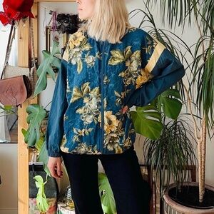 Vintage 80s Sport Savvy Floral Teal and Yellow Full-Zip Bomber Jacket Size Large